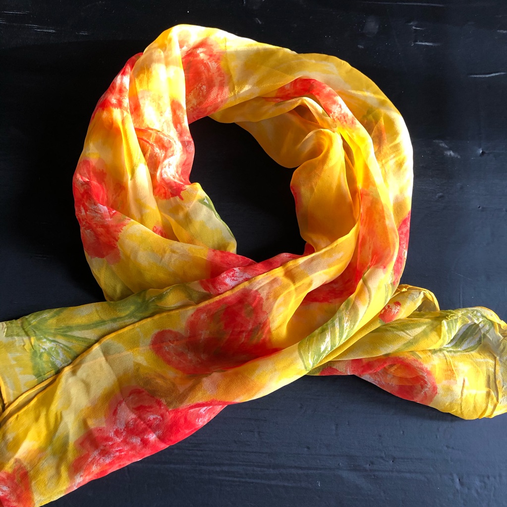 Vintage Silk Scarf Floral Yellow Red And Green